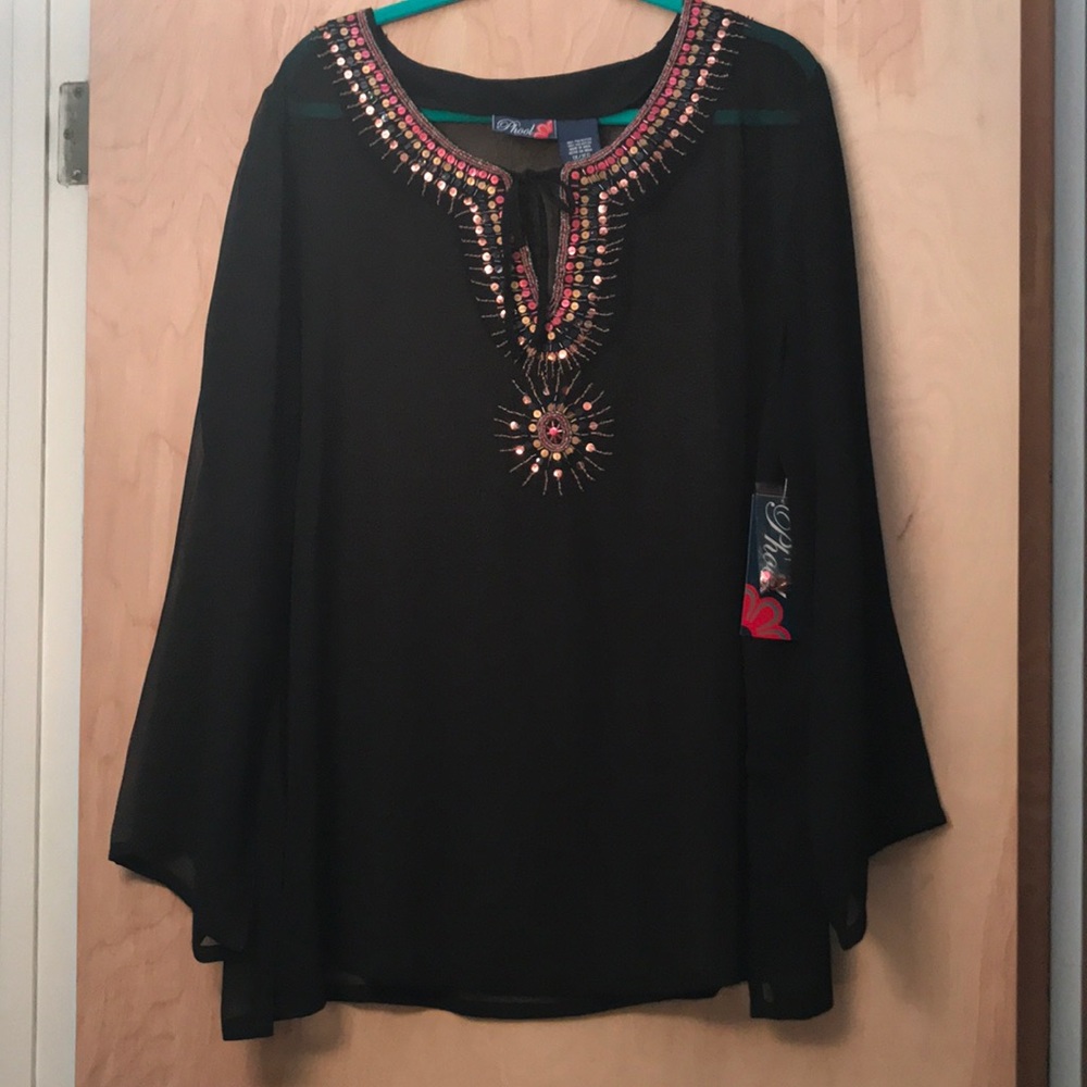 Phoal Sheer Black Beaded Tunic, women’s 1x